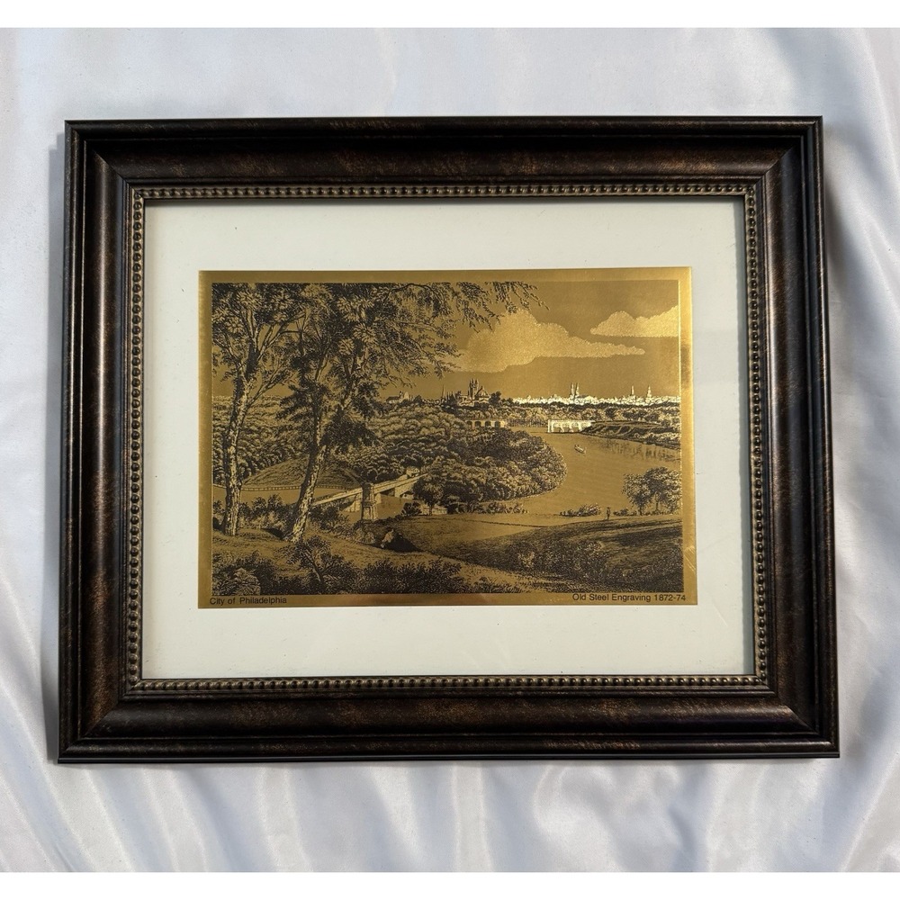 Vintage Art Old Steel Engraving Gold Foiled Framed City Of Philadelphia‎ MCM